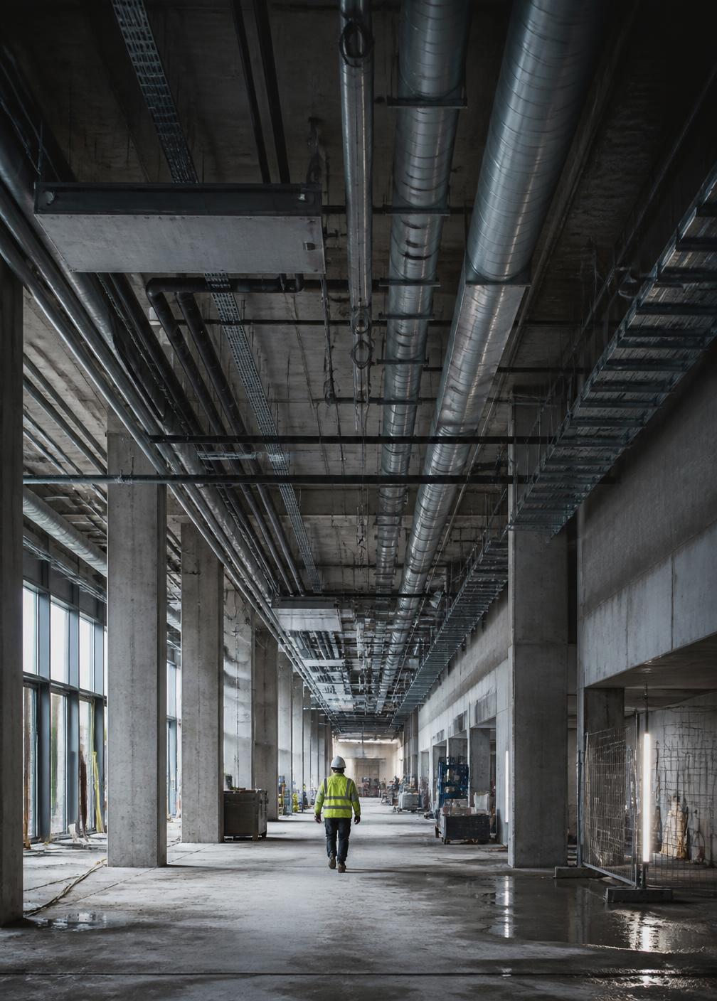 Overhead mechanical services installed through a commercial building under construction