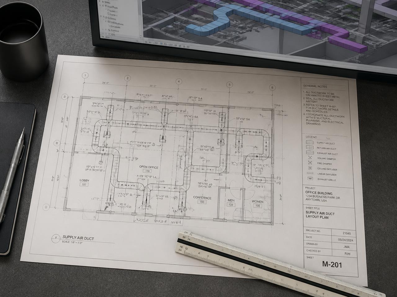 Mechanical services shop drawing beside a 3D ductwork model on screen