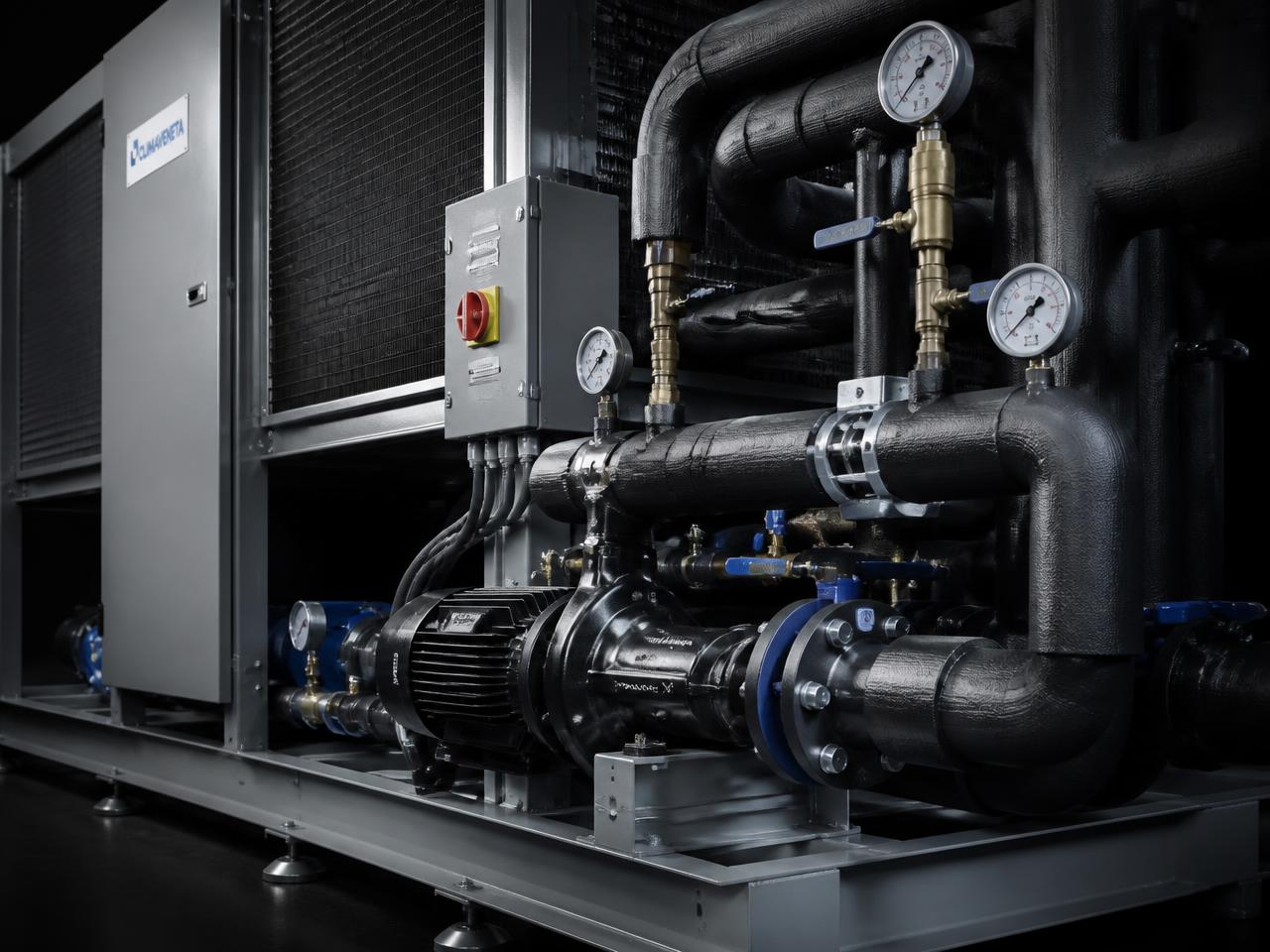 Commercial chiller and pump skid with gauges, valves and insulated pipework