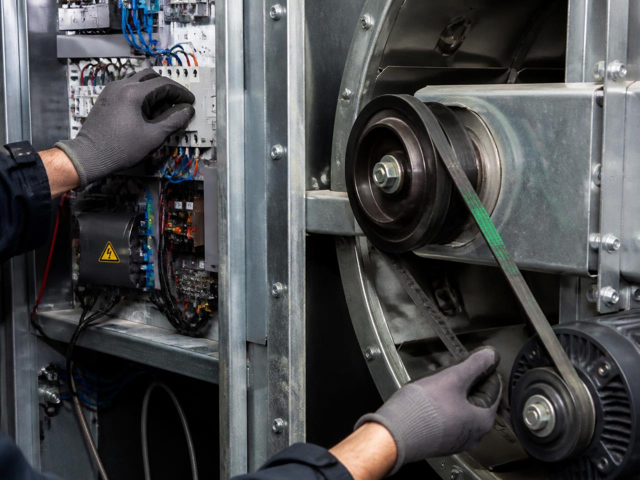Technician servicing a fan and control panel inside an air handling unit