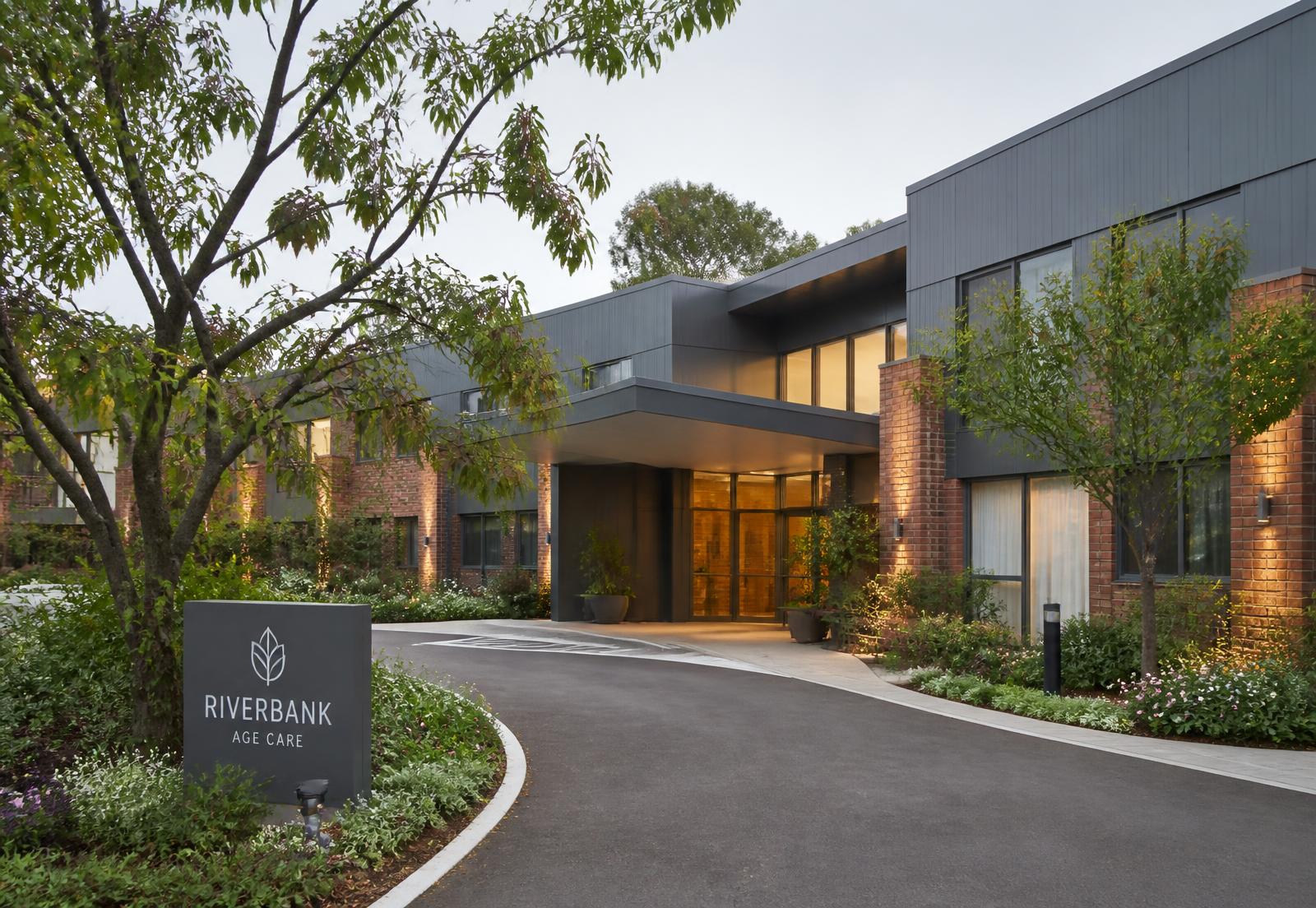 Contemporary aged care residence entry with brick and grey cladding